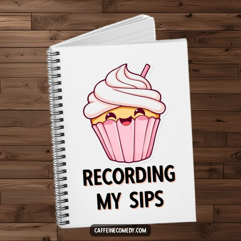 Funny kawaii cupcake sipping, lined notebook, journal for ideas, sweet and humorous cover, portable stationery.