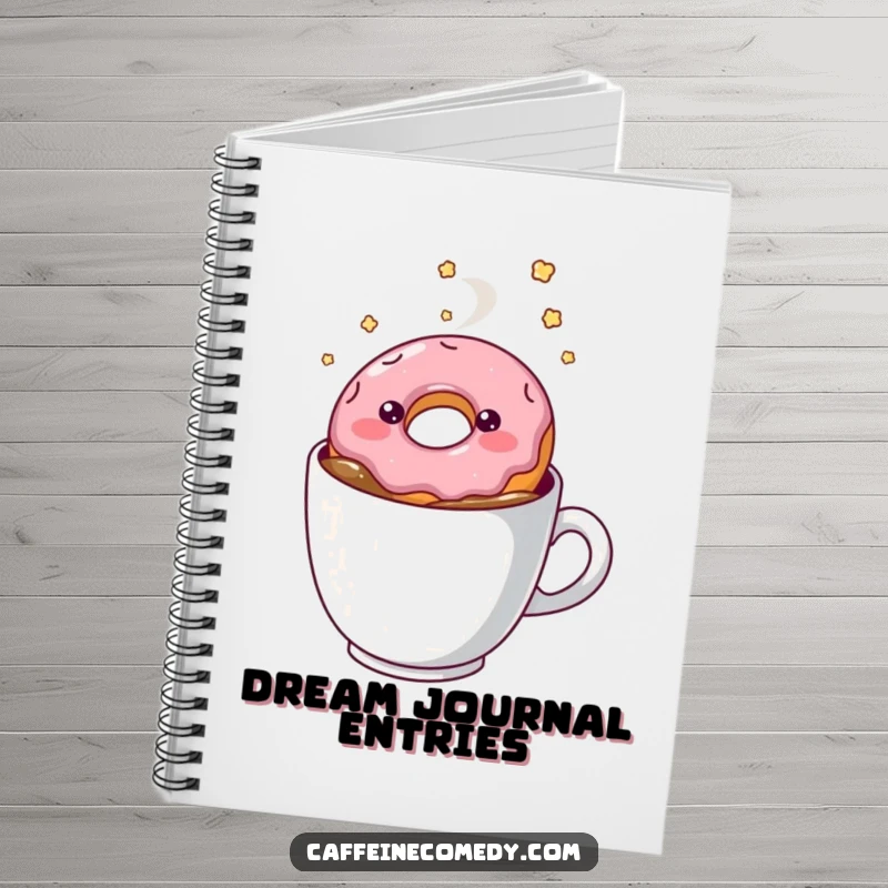 Funny kawaii doughnut floating in coffee, lined notebook, journal for ideas, sweet and humorous cover, portable stationery.