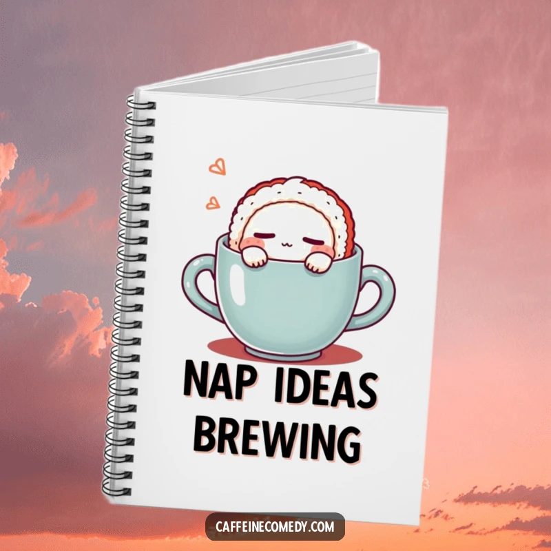 Funny Kawaii Sushi Coffee Notebook: Cute notebook with a sushi character sleeping in a coffee mug, inspiring calm and creativity. A practical funny gift.