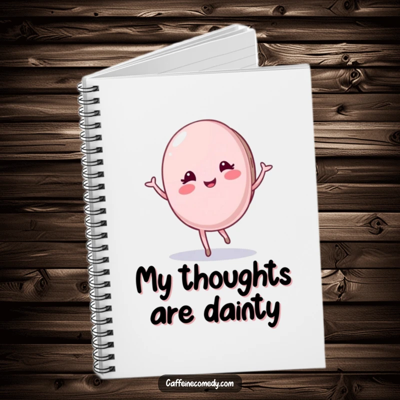 Funny Macaron Notebook: Features a pleased macaron character doing a graceful twirl, perfect for note-taking with a dose of sophisticated sweetness and humor.