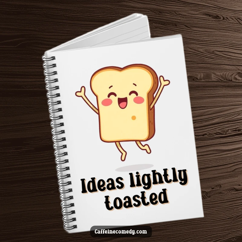 Funny notebook with a surprised piece of toast character jumping joyfully, ideal for capturing surprising ideas and creative notes.