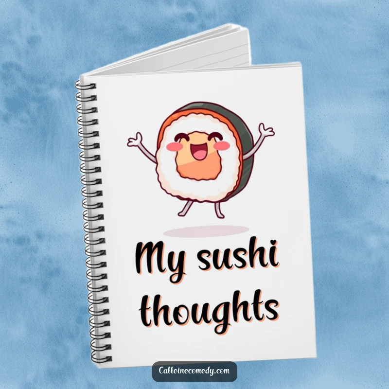 Funny notebook with a dancing sushi roll, inspiring creative writing and joyful note-taking.