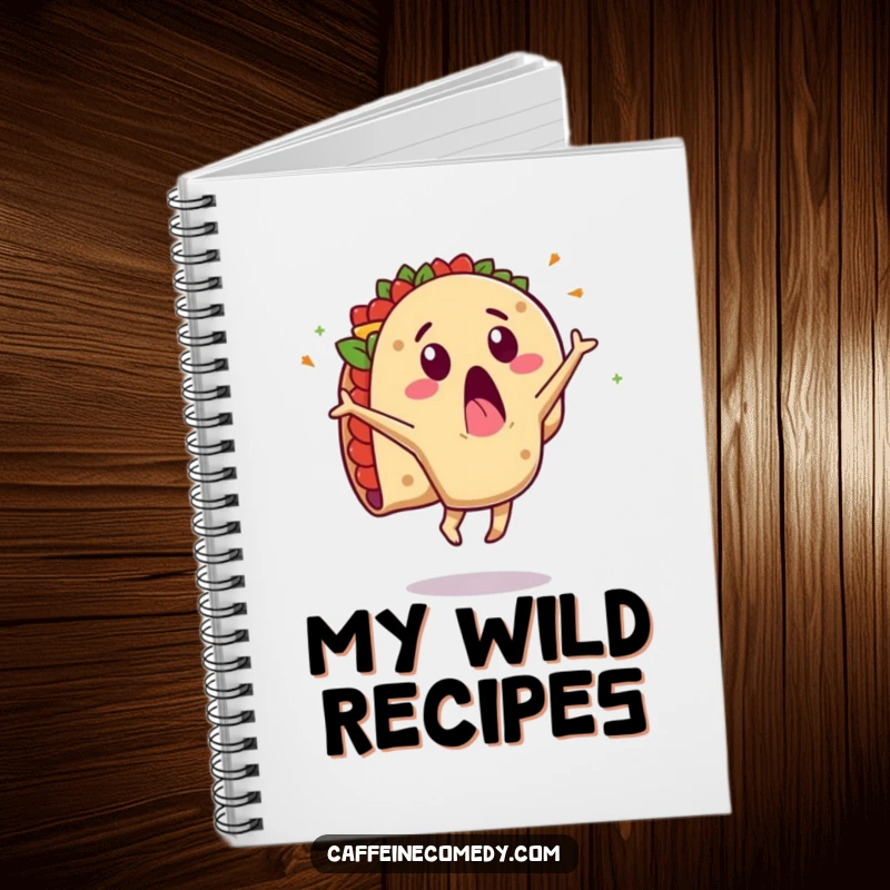 Funny notebook cover featuring a surprised taco character doing a cartwheel with fillings flying. Ideal for capturing wild ideas.
