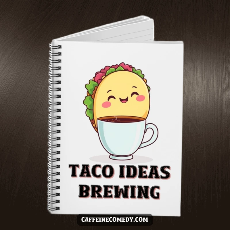 Funny notebook decorated with a smiling taco with a coffee cup, encouraging creative writing and witty notes.