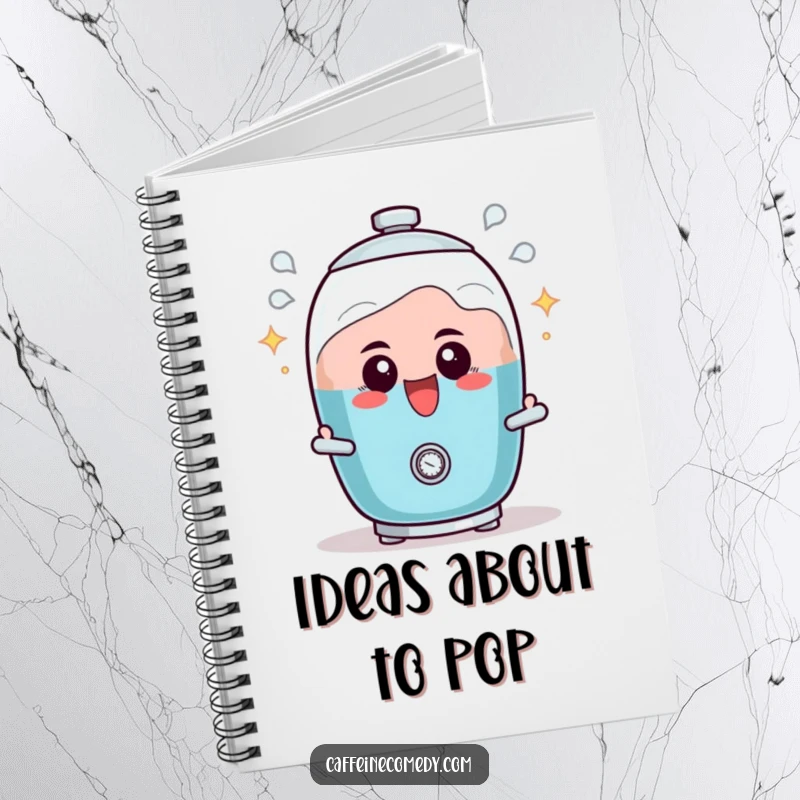 Funny notebook with a determined percolator character, actively bubbling with excitement, ideal for jotting down ideas.