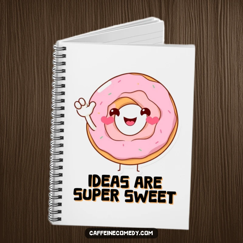 Funny Donut Notebook: Features a smiling donut character extending a sugary wave, perfect for jotting down notes with a touch of sweetness and humor.