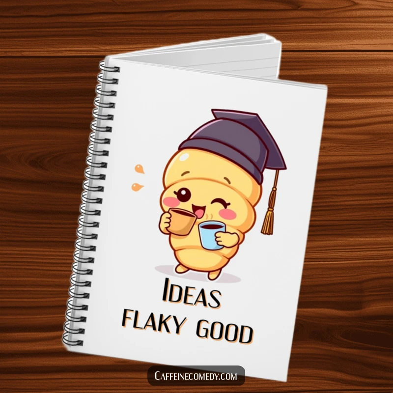 Funny delighted croissant character wearing a graduation cap, sipping coffee, inspiring thoughts within this notebook.