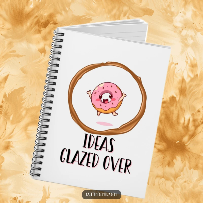 Funny cheerful donut character joyfully leaping through coffee steam, inspiring creativity within this whimsical notebook.