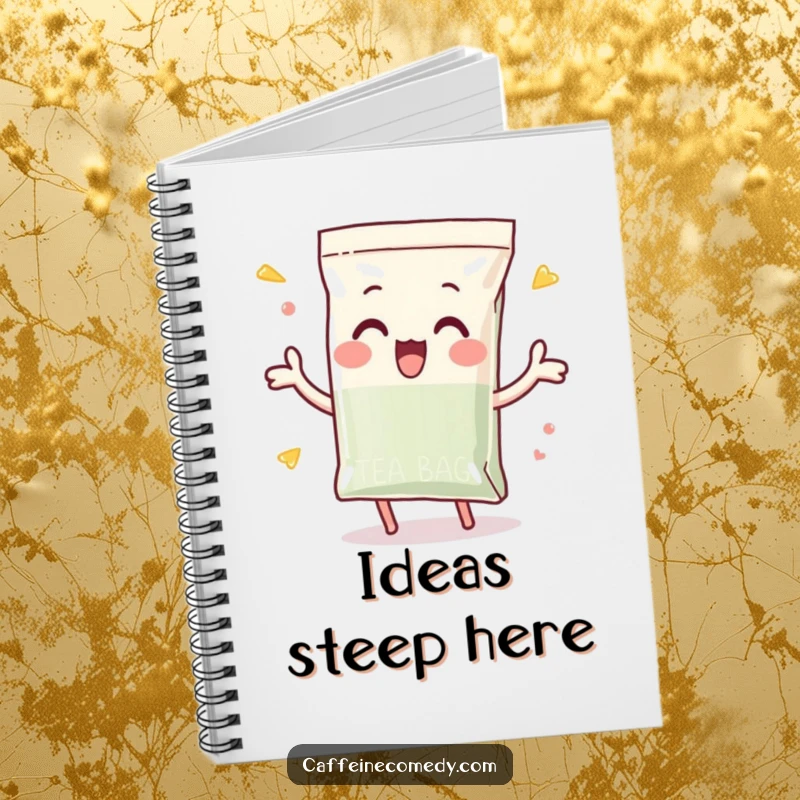 Funny notebook with a playful tea bag character enthusiastically dunking itself, ideal for jotting down thoughts and tea-time musings.