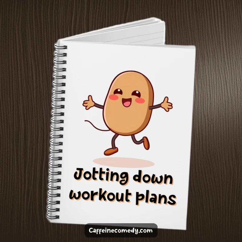 Funny kawaii coffee bean jumping rope, lined notebook, journal for ideas, humorous cover, portable and fun.