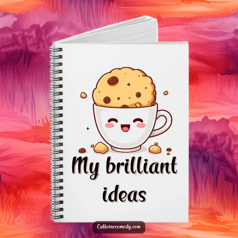 Funny kawaii cookie diving into coffee, lined notebook, journal for ideas, crumbly and humorous cover, portable stationery.