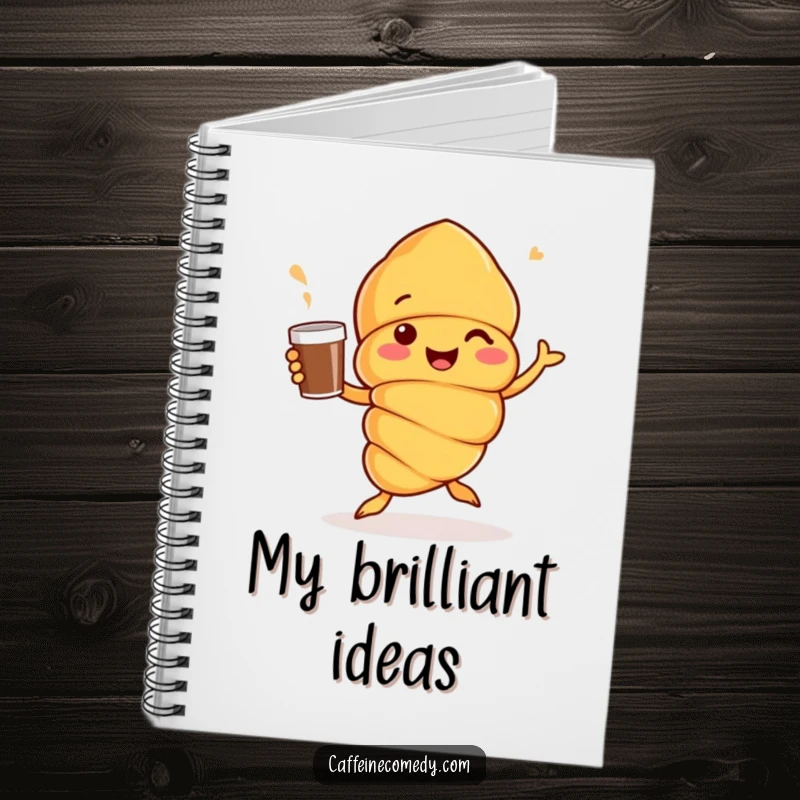 Funny Croissant character jigging with a coffee cup on a notebook cover, perfect for jotting down ideas with a cheerful vibe.