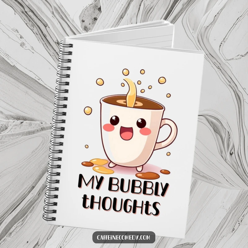 Funny notebook with a Kawaii coffee cup character excitedly pouring bubbly liquid, ideal for journaling with cute and humorous flair.