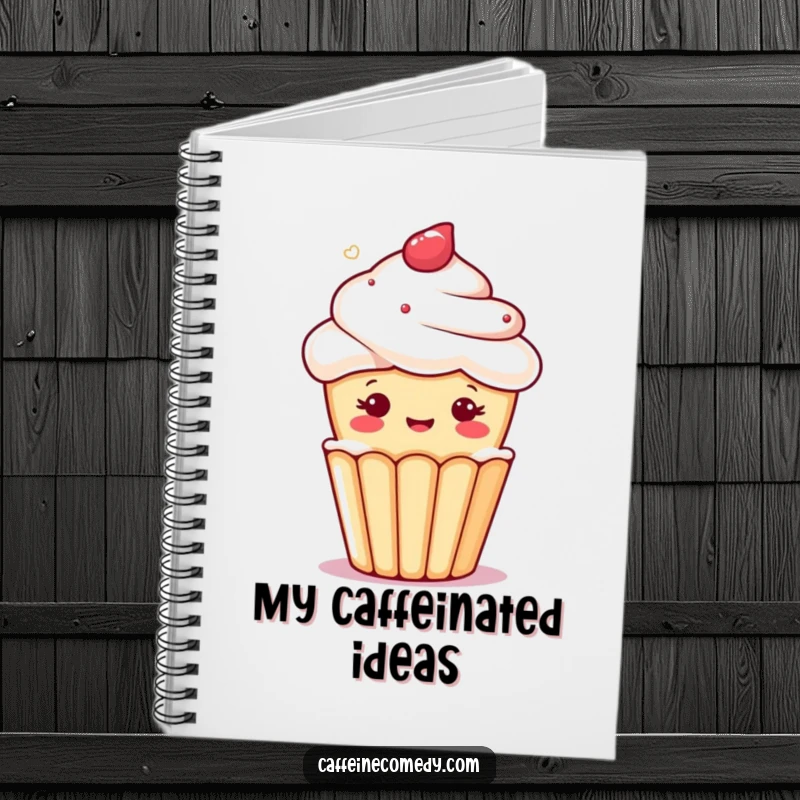 Funny kawaii cupcake character winking from a foamy coffee cup, on the cover of a cute notebook.