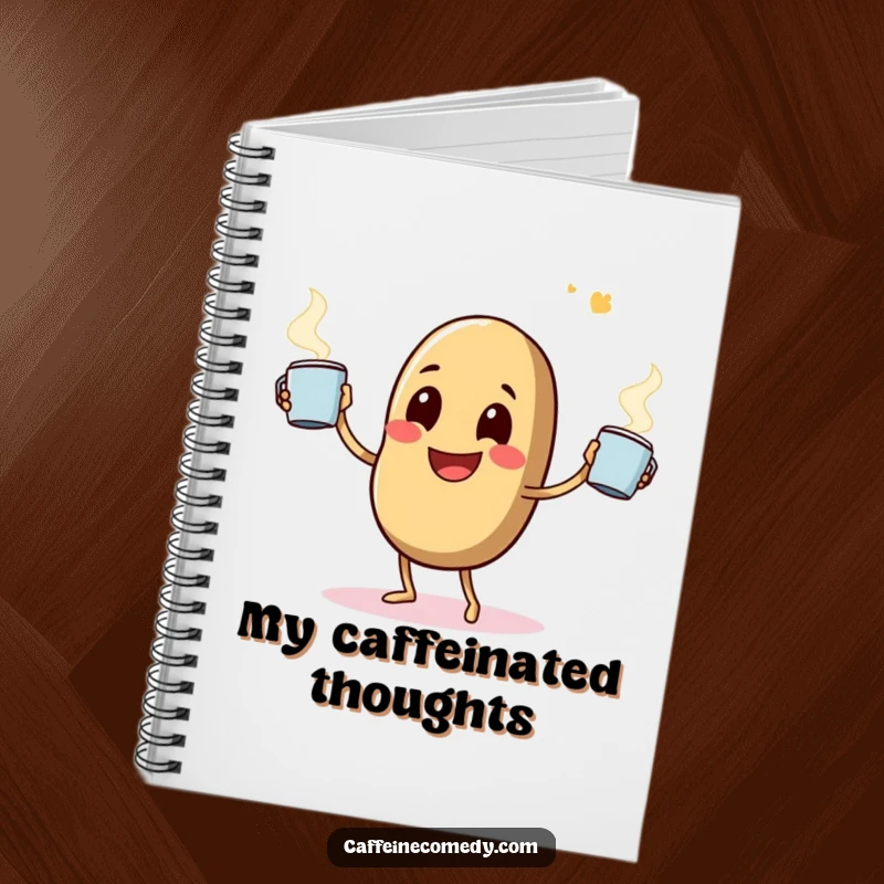 Funny notebook with a happy coffee bean character comically juggling steaming mugs, ideal for notes and creative bursts.