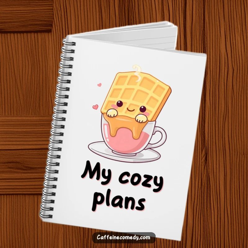 Funny kawaii waffle character happily draped over a steaming cup, on the cover of a cute notebook.
