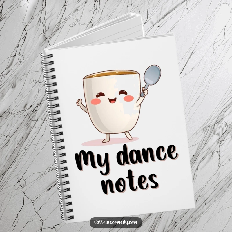 Funny coffee mug character dancing with a spoon on a notebook cover, ideal for notes.