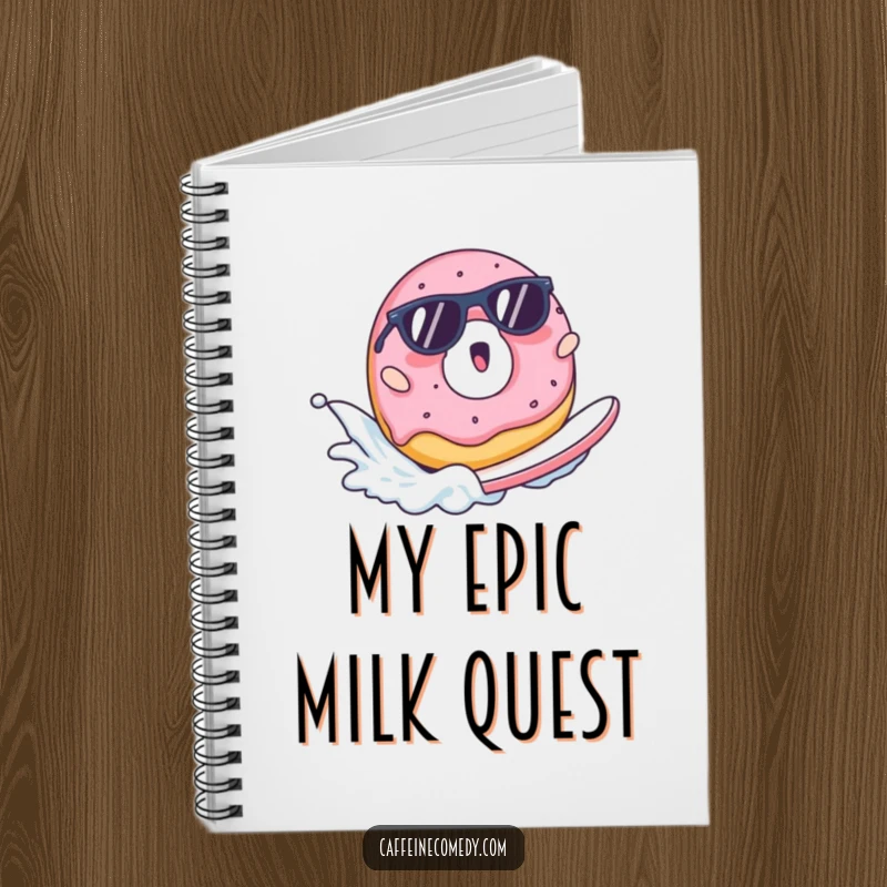 Funny notebook cover with a surprised donut wearing sunglasses surfing a milk wave, great for notes.