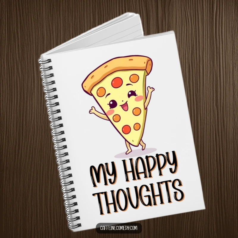 Funny Pizza Notebook: A gleeful pizza slice character spinning with delight, great for brainstorming fun ideas.