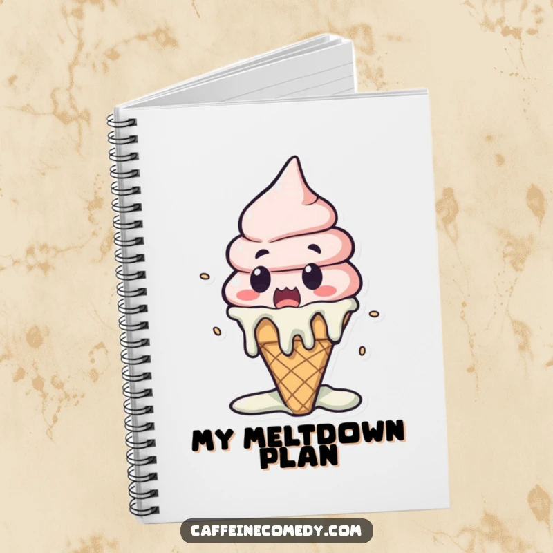 Funny Kawaii Ice Cream Melting Notebook: A surprised ice cream cone melts dramatically, perfect for jotting down ideas with humor.