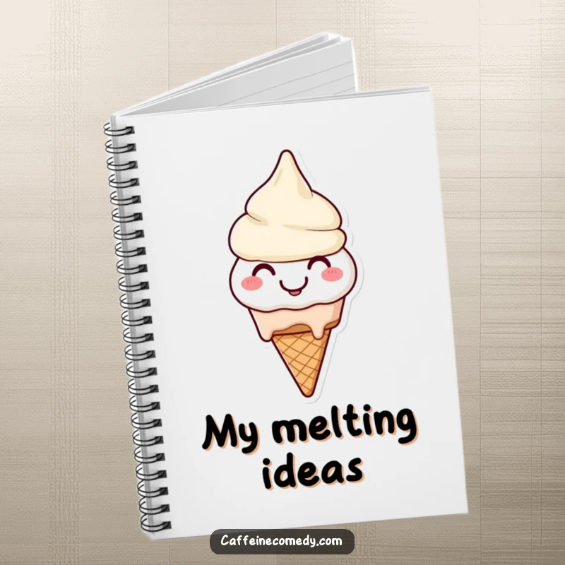 Funny Ice Cream Notebook: A smiling ice cream cone character melting happily, great for jotting down sweet thoughts.