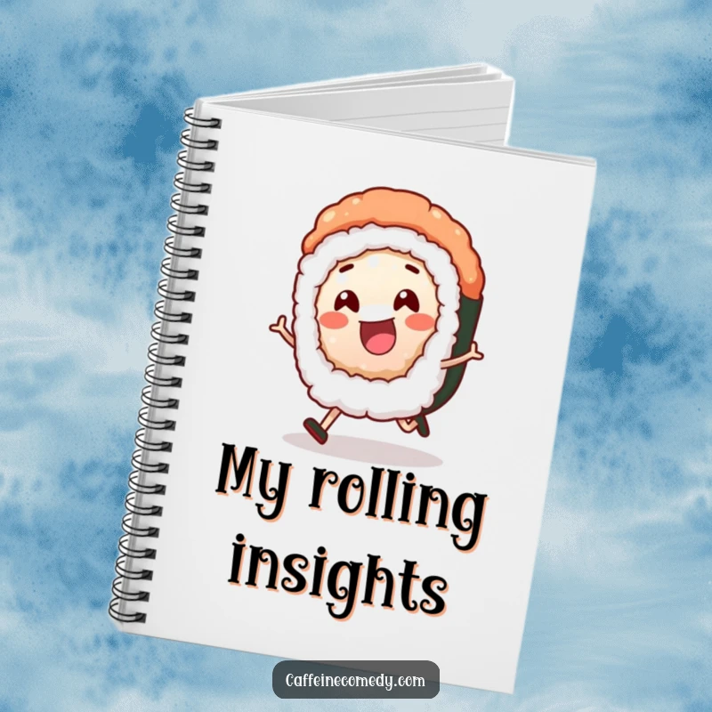 Funny sushi roll character in a dynamic rolling pose, featured on the cover of a humorous notebook for jotting down ideas.