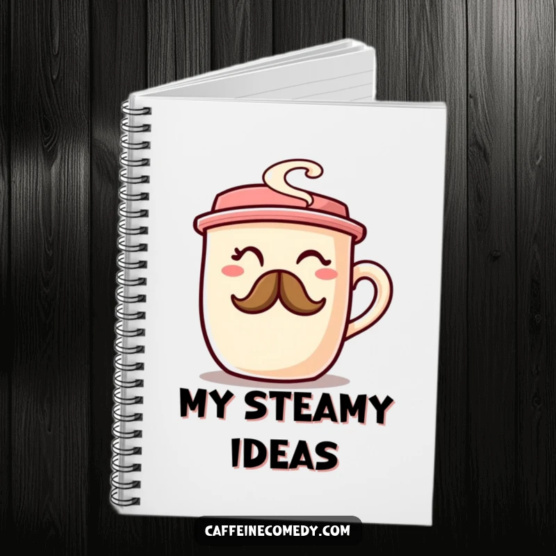 A chubby coffee cup character winking with a steam mustache on a notebook cover, inspiring witty notes.