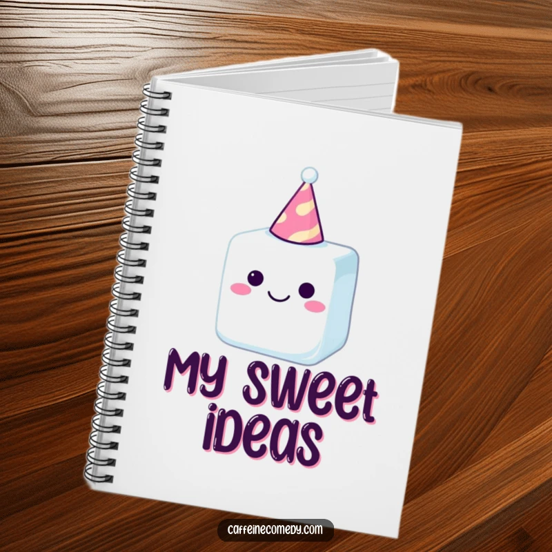Funny sugar cube wearing a party hat, a cheerful and humorous design on a notebook for jotting down bright ideas.
