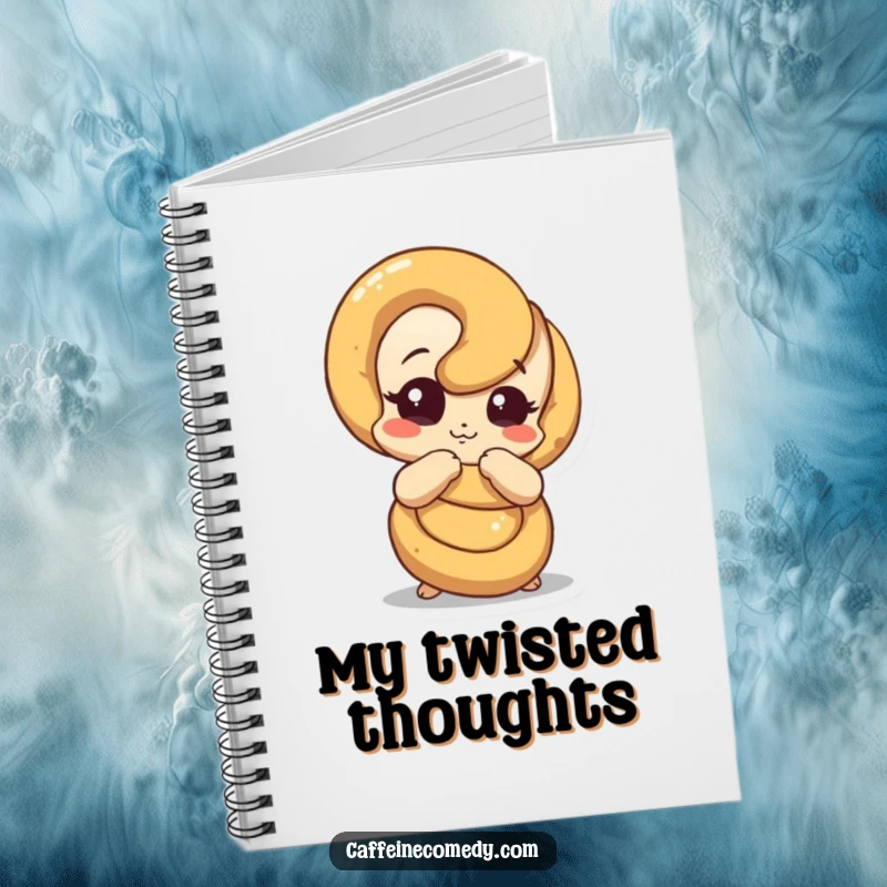 Funny pretzel notebook featuring a curious pretzel character humorously unraveling, perfect for journaling and sketching.