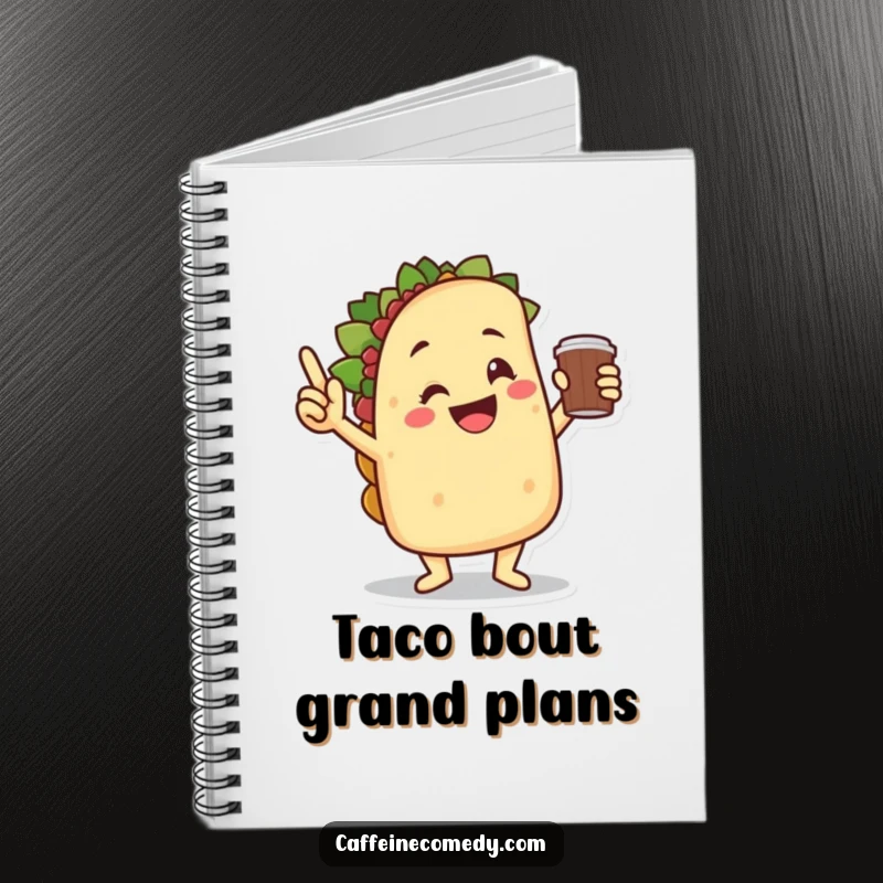 Funny smiling taco character in a victory dance pose, holding a coffee cup, inspiring creativity within this notebook.