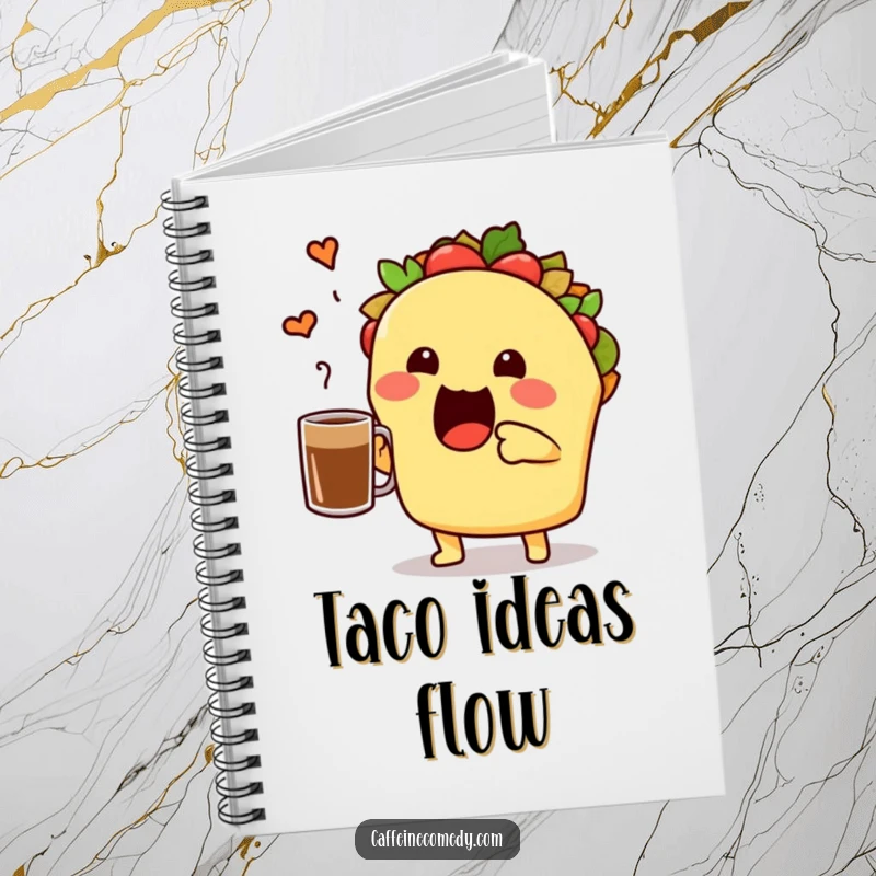 Funny cute taco character toasting a coffee mug on a notebook cover, perfect for jotting down notes with a festive vibe.