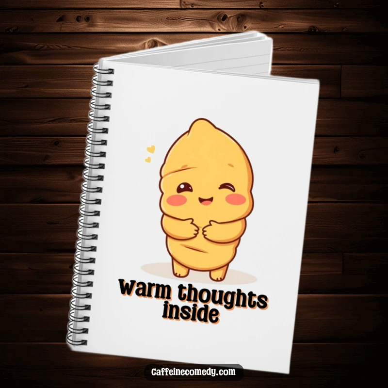 Funny notebook with a delighted croissant character offering a warm hug, ideal for jotting down sweet thoughts and ideas.