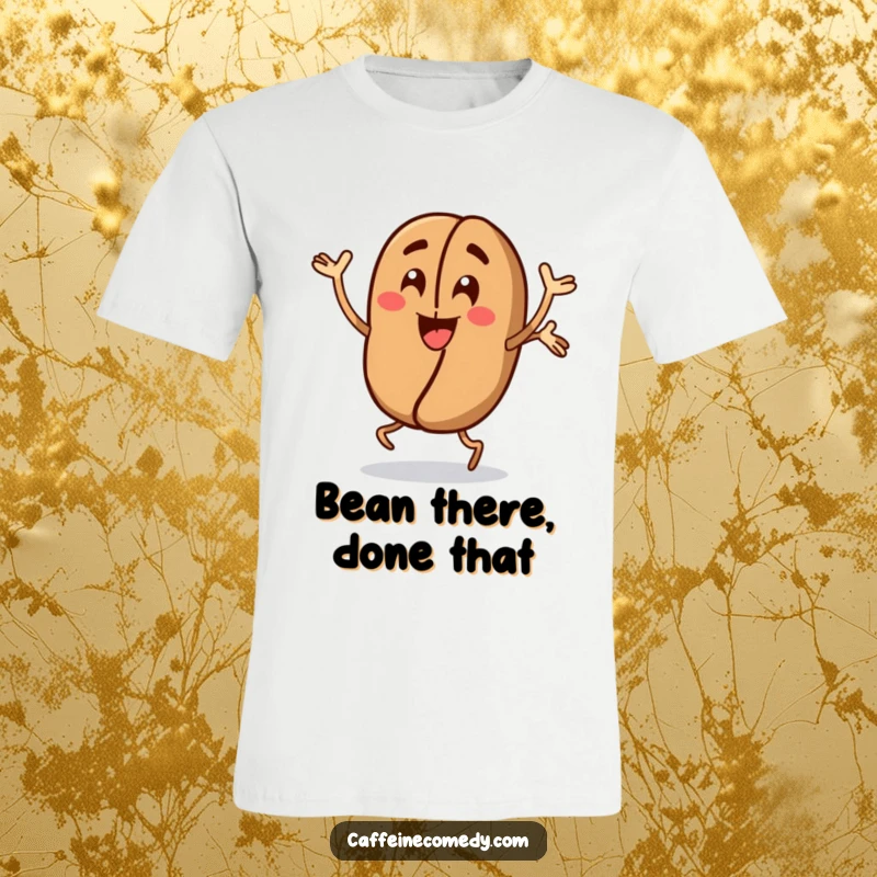 Funny Coffee Bean T-Shirt: An animated coffee bean character celebrates with energetic jumping jacks, perfect for coffee lovers and fitness fans.