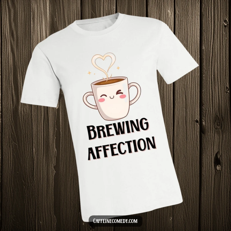 Funny t-shirt showcasing a steaming coffee mug character with a cheerful wink and steam forming a heart, radiating warmth and joy.