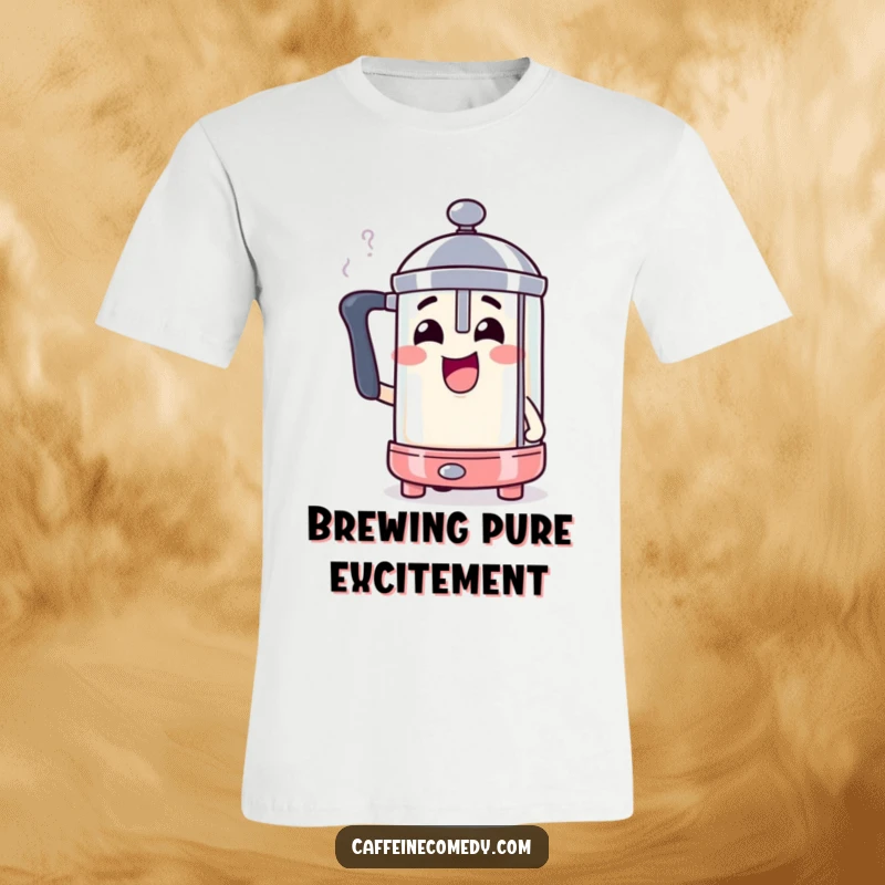 Funny French press character comically steaming with excitement, a humorous coffee-themed shirt.