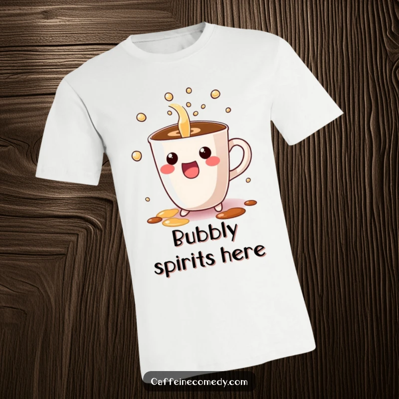 Funny t-shirt with a cute Kawaii coffee cup character excitedly pouring bubbly liquid, perfect for coffee lovers.