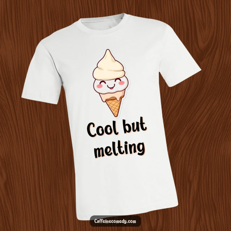 Funny Ice Cream T-Shirt: A smiling ice cream cone character happily melting, radiating sweet, laid-back fun.