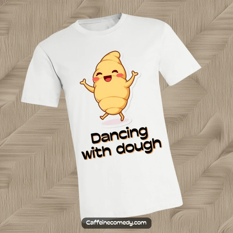 A happy croissant character performing a delightful dance on a t-shirt, celebrating delicious joy.