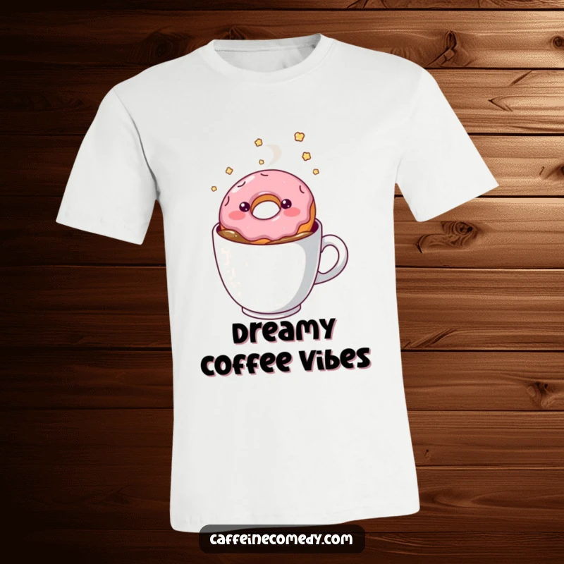 Funny kawaii smiling doughnut floating in coffee, on a t-shirt, dreamy and humorous design.