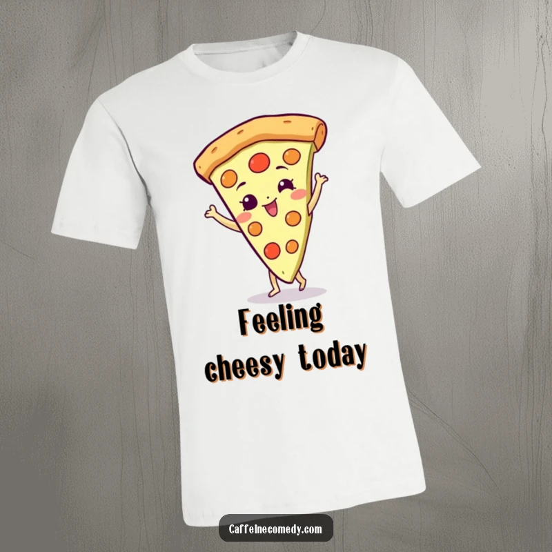 Funny Pizza T-Shirt: A happy pizza slice character spinning enthusiastically, showcasing pure, unadulterated fun.