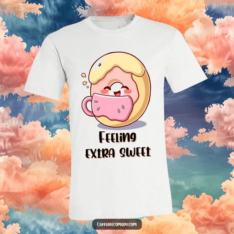 Funny donut character winking playfully while enjoying a large coffee cup, comfortable and humorous casual wear for coffee enthusiasts.