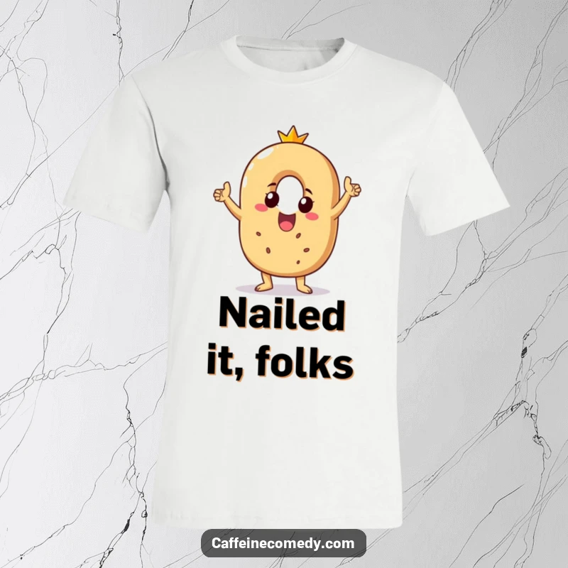 Funny t-shirt with a beaming bagel character joyfully performing a victory dance, expressing pure celebration and happiness.