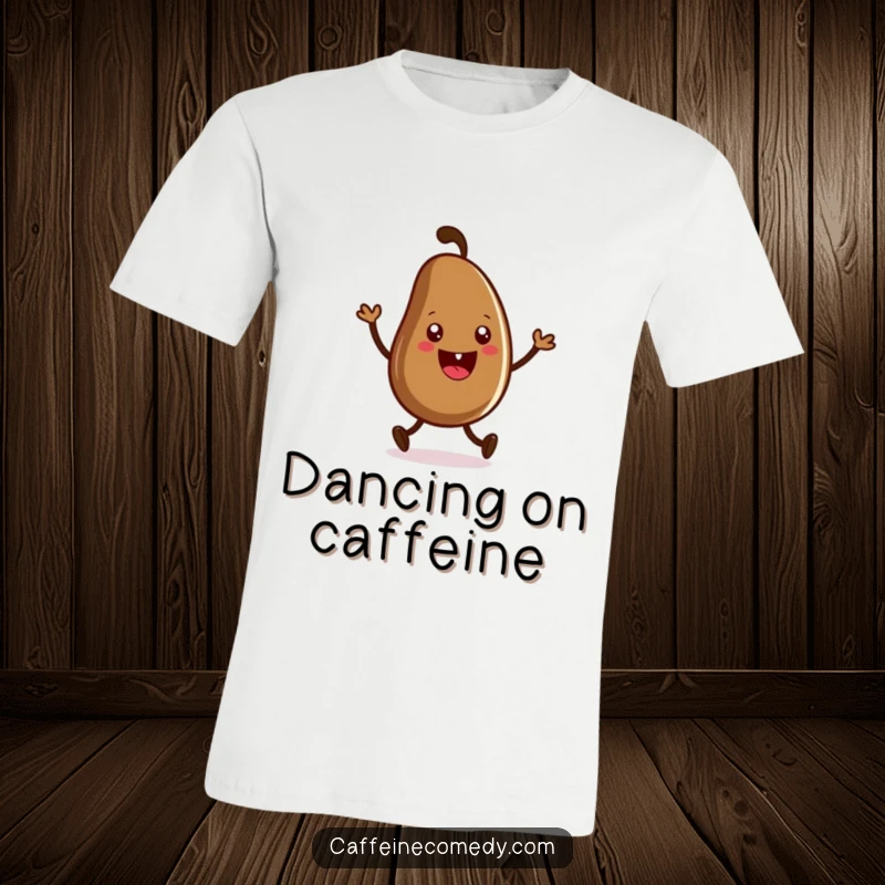 Funny t-shirt featuring a happy coffee bean character doing a lively jig, radiating pure joy and caffeinated enthusiasm.