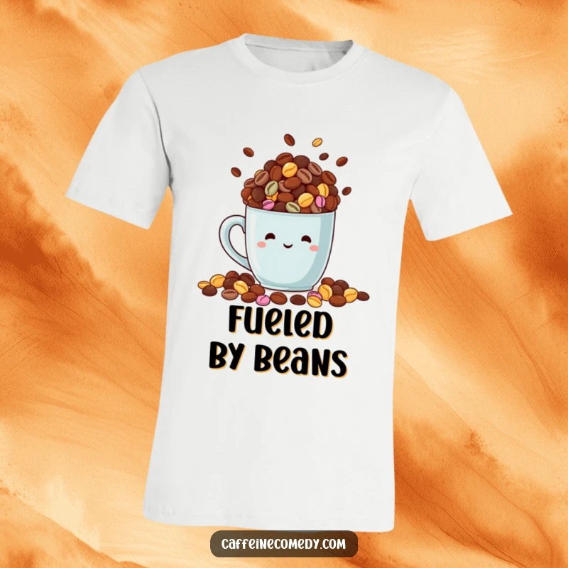 Funny t-shirt graphic of a delighted mug brimming with a variety of colorful coffee beans, celebrating coffee culture.