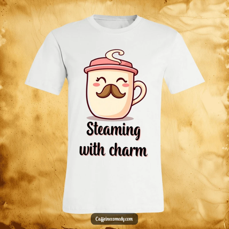 A chubby coffee cup character winks suggestively, sporting a steam mustache on a fun and comfy t-shirt.