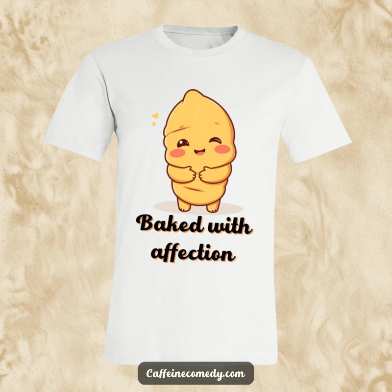 Funny t-shirt showing a delighted croissant character offering a warm, comforting hug, embodying pastry-induced happiness.