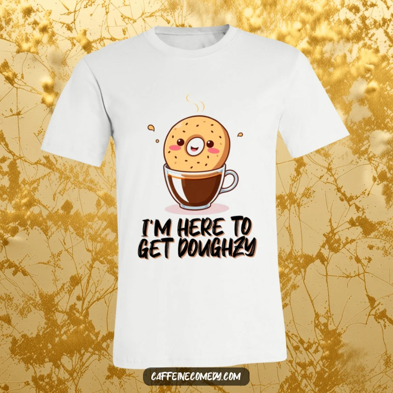 Funny Kawaii Bagel dancing energetically in a coffee cup, printed on a soft t-shirt, ideal for breakfast lovers.