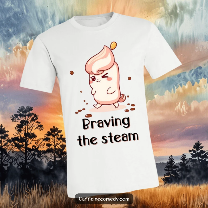 Funny Kawaii Churro T-Shirt: A mischievous churro winks as it attempts to climb coffee steam, a hilariously bold design.