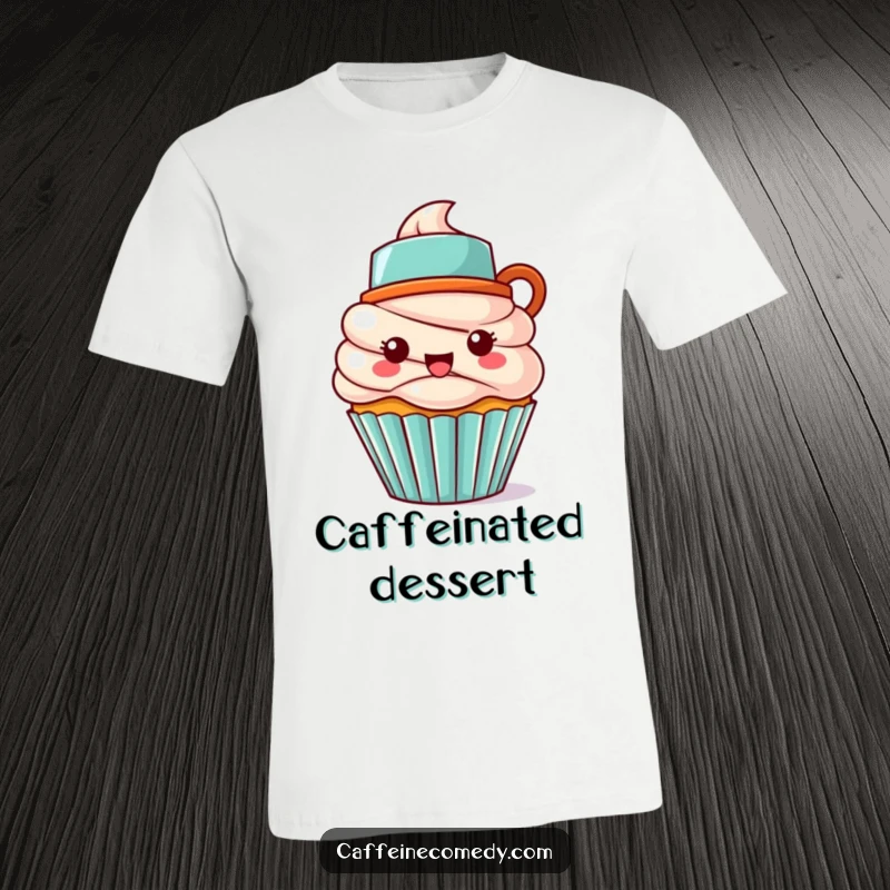 Funny Kawaii cupcake character wearing a tiny coffee mug as a hat, looking cheerful and ready for a coffee break.