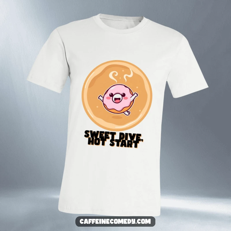 Funny t-shirt featuring a smiling kawaii donut character joyfully leaping into a steaming latte, perfect for coffee lovers, a great funny gift.